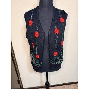 Lisa International Women's Cotton Ramie Blend Holiday Beaded Sweater Vest Size M
